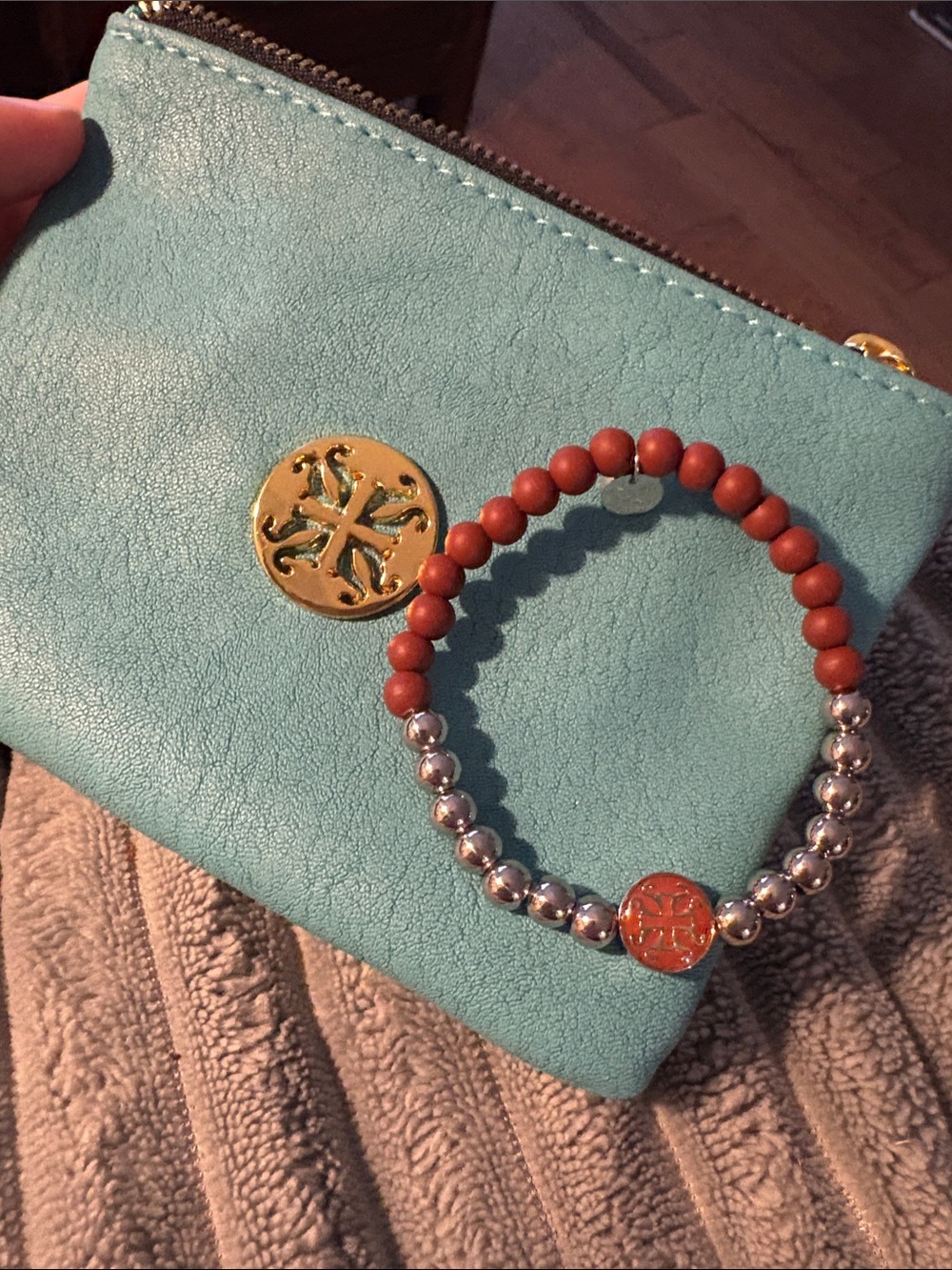 Rustic Cuff Light Blue Leather Zip Bag with bracelet